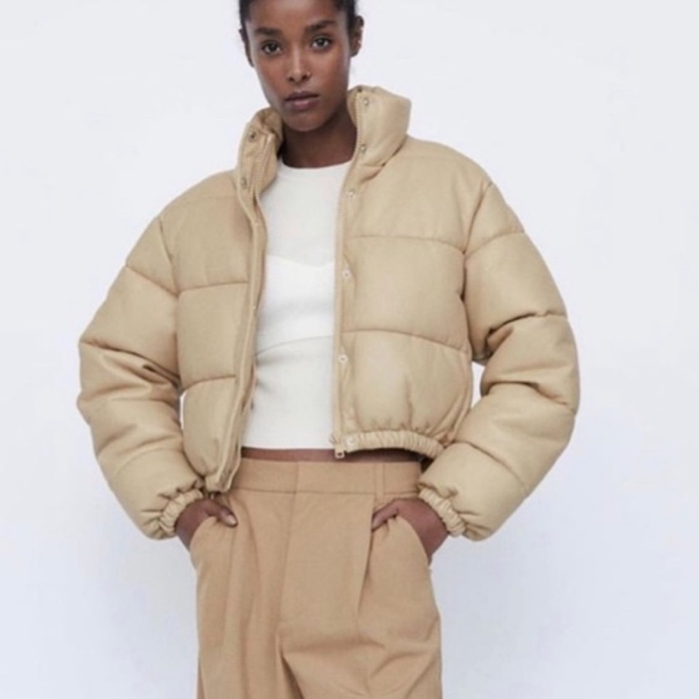 Zara leather crop puffer jacket